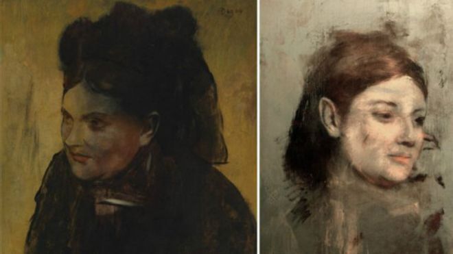 لوحة "صورة لامرأة" للرسام ديغا (يسار) غطت العمل الفني الآخر (يمين).